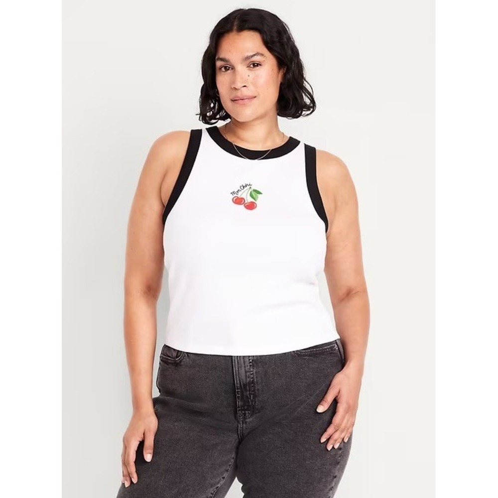 Old Navy White Ribbed Cherry Mon Cheri Tank Top Women's Size Medium NWT‎
